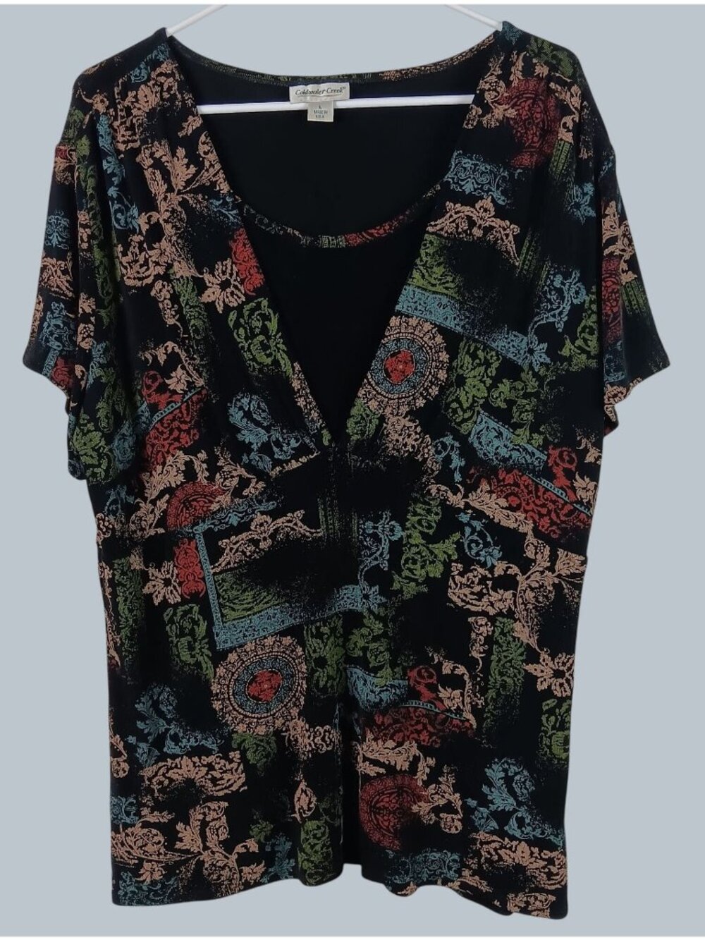 Coldwater Creek Faux Layered Tunic Top Womens L Black Artsy Lagenlook Boho